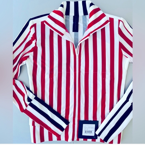 nwt! NORMA KAMALI SIDE STRIPE TURTLE JACKET in Black + Red Pinstripe Size XS/34 - Picture 1 of 12